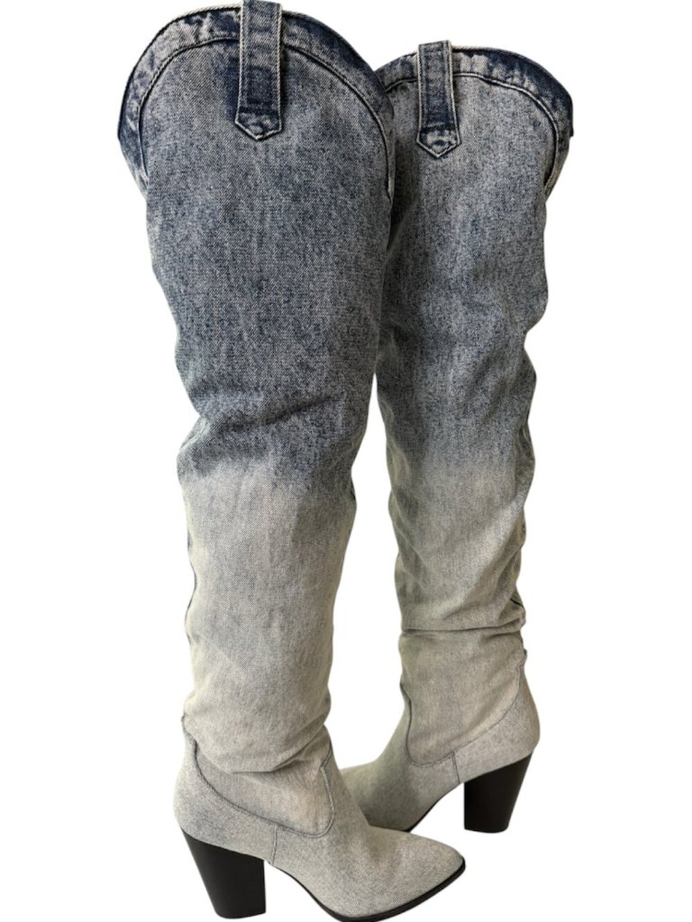 Steve Madden Gray Over-the-Knee Washed Denim Heeled Boots - Picture 4 of 7